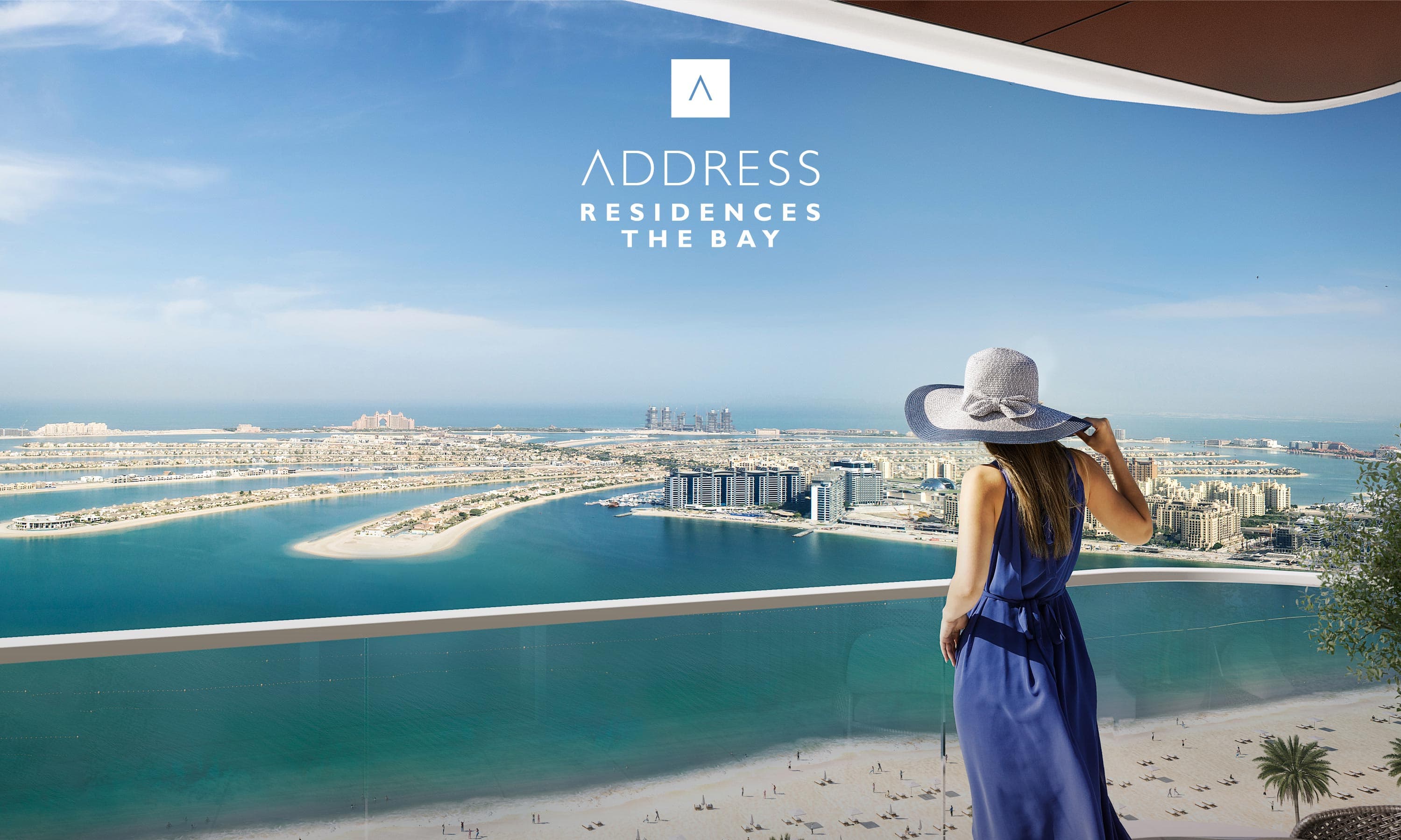 Address Residences The Bay living room with floor-to-ceiling sea views