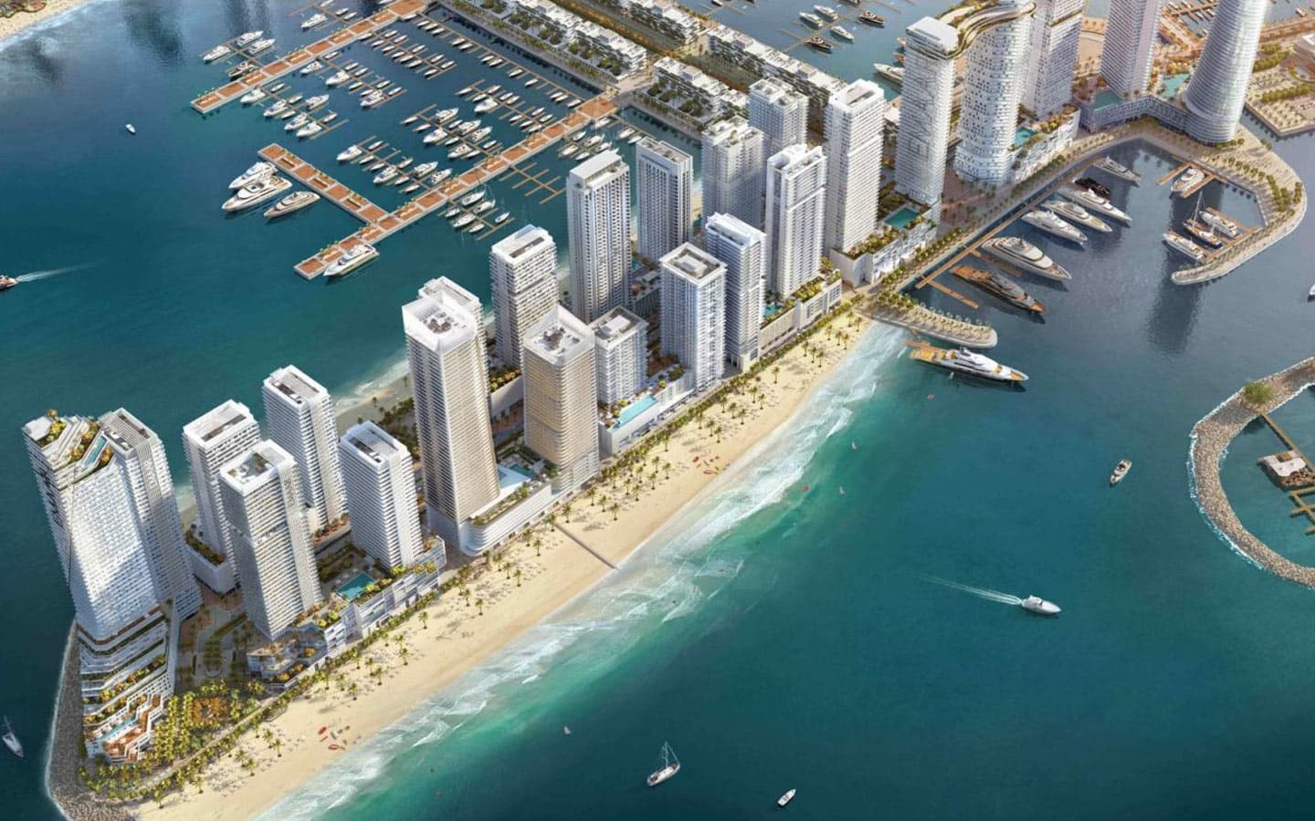 Aerial view of Emaar Beachfront island with 27 towers, private beach and Dubai Harbour marina