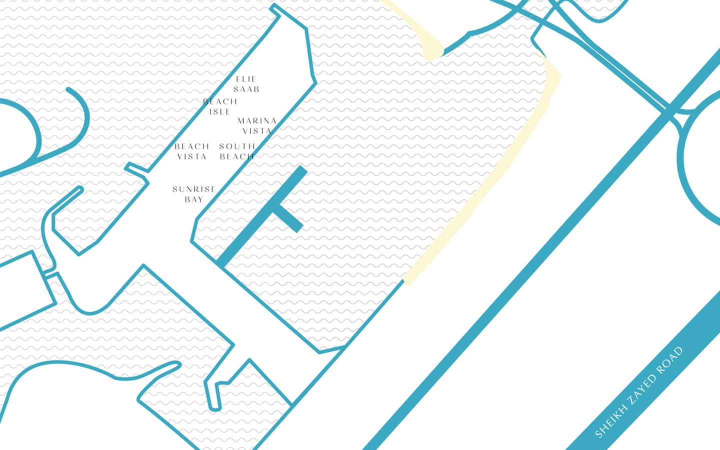 Map of Emaar Beachfront towers in Dubai Harbour beside Sheikh Zayed Road, showing Beach Vista, Marina Vista, Sunrise Bay, South Beach, Beach Isle and Elie Saab towers